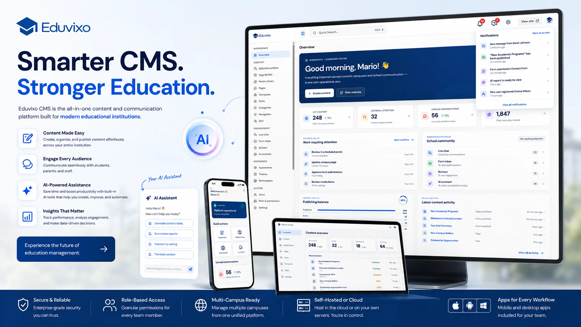 Eduvixo education CMS workspace across desktop and mobile devices